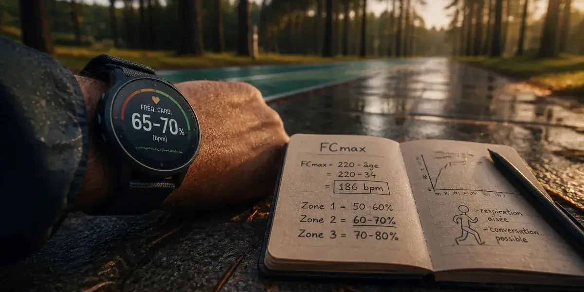 Frequence cardiaque endurance fondamentale : montre à 65-70% bpm sur trottoir humide
