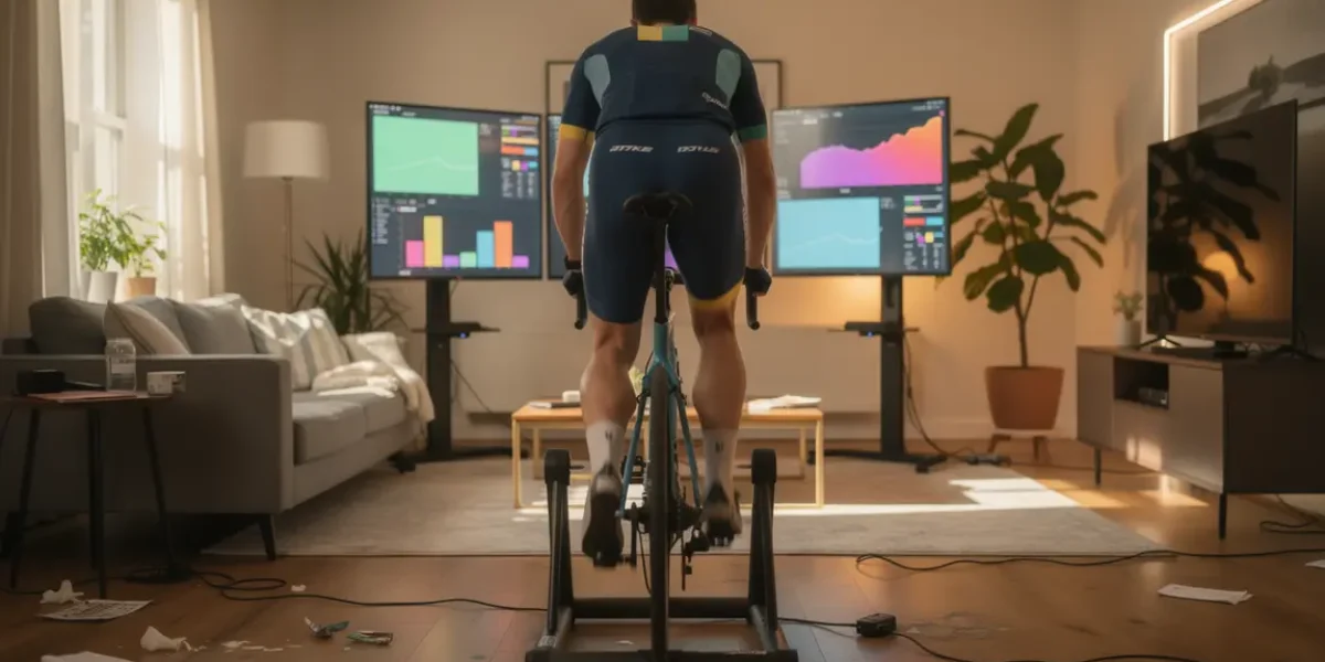 cycliste sur home trainer connecté dans salon, entraînement virtuel