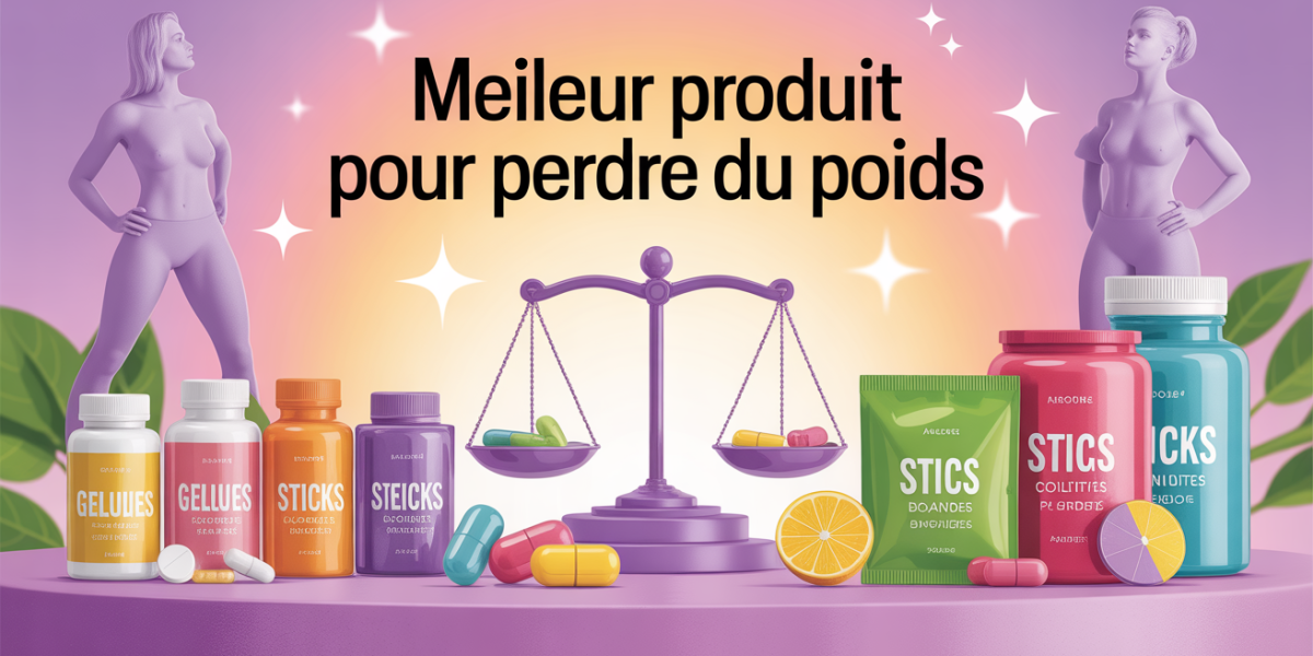 Sélection de produits minceur avec boîtes, sticks, balances et silhouettes avant après