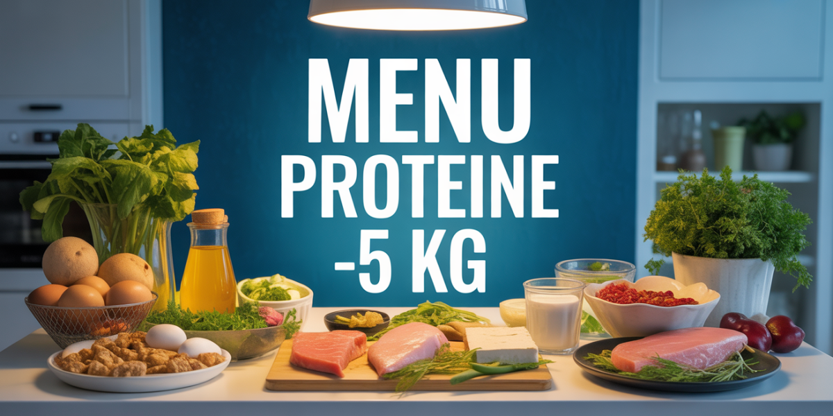 menu proteine -5 kg aliments sains sur table