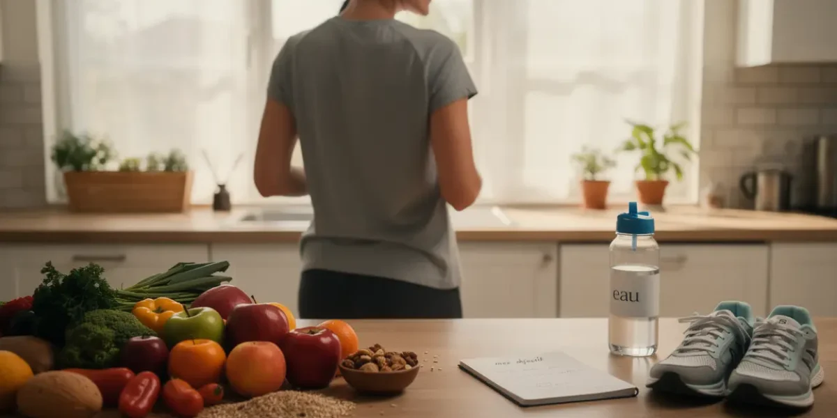 Personne active entourée d'aliments sains et carnet de sport