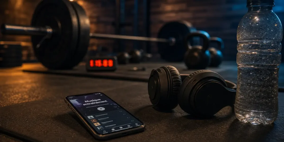 Musique pour entraînement sur smartphone : playlist et casque en salle