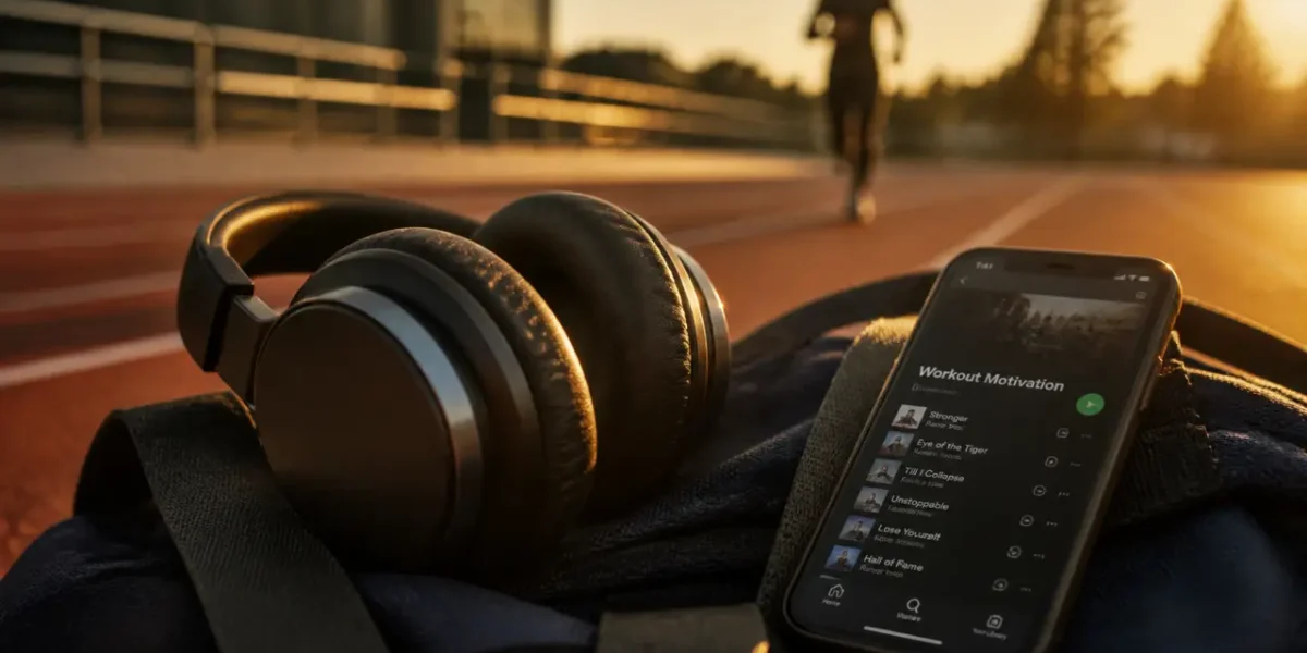 Musique sport motivation : casque audio et playlist workout sur fond sombre