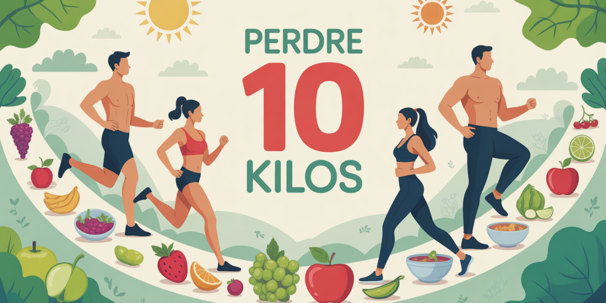 Illustration perdre 10 kilos silhouettes chemin fruits legumes haltères