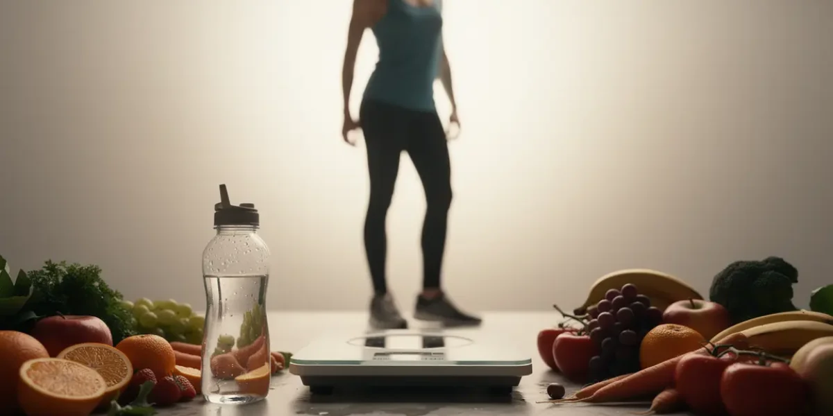 silhouette adulte actif sur balance entouré aliments sains