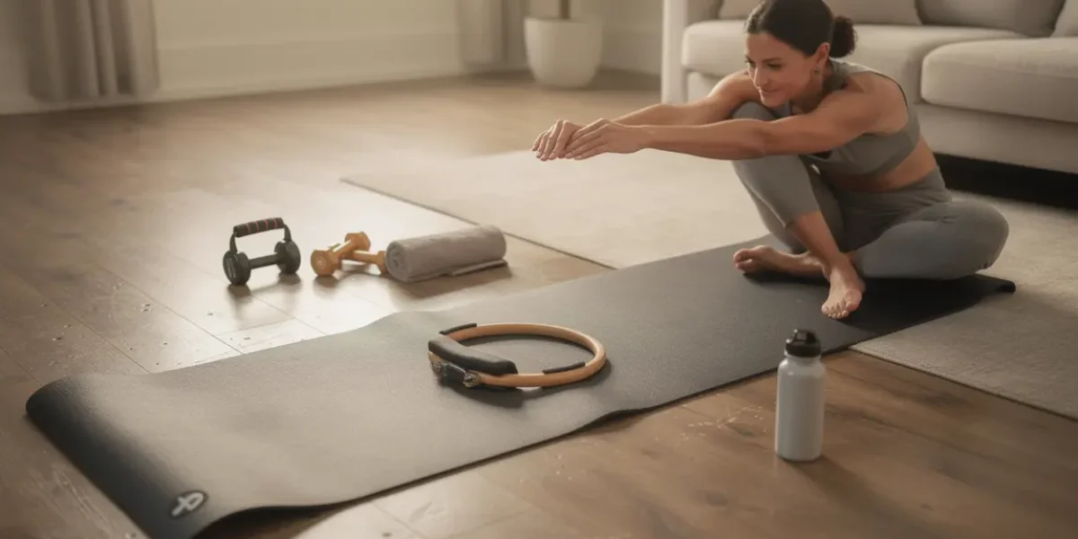 Pilates à la maison, tapis et anneau, ambiance bien-être