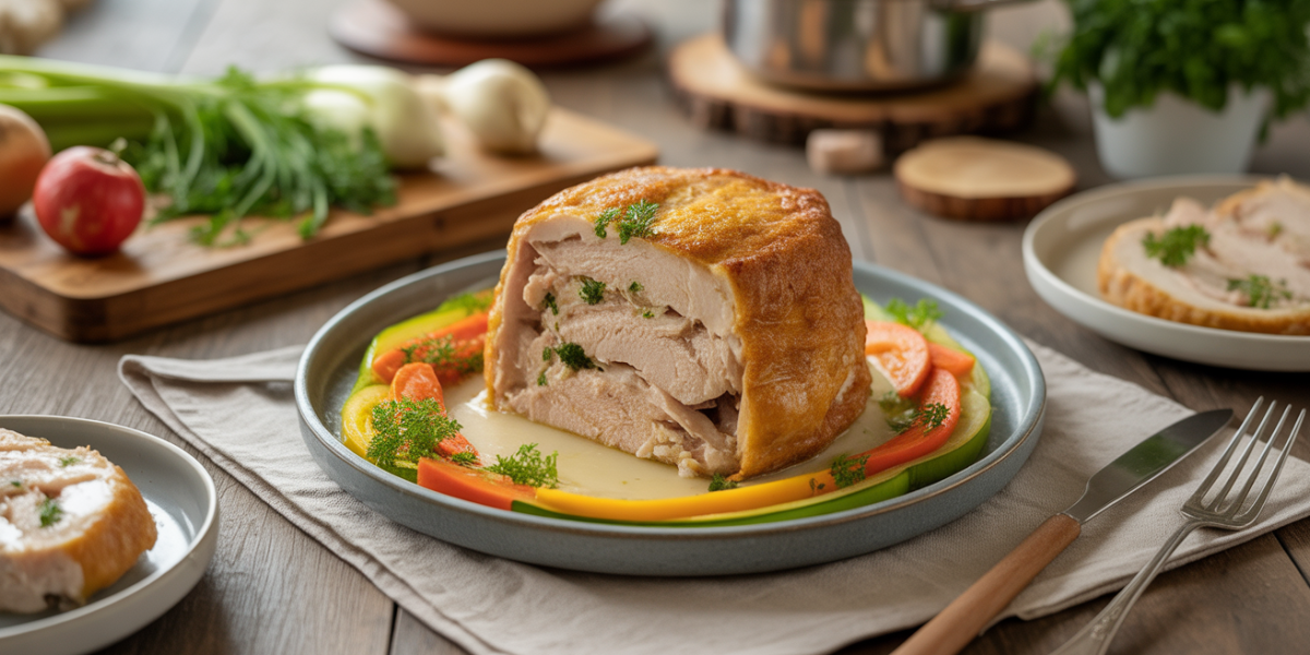 assiette de recette pate au poulet croûte dorée et garniture légumes