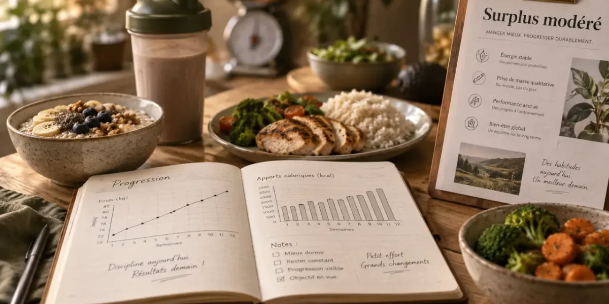 Régime de prise de masse : surplus modéré 200–500 kcal pour limiter la prise de gras