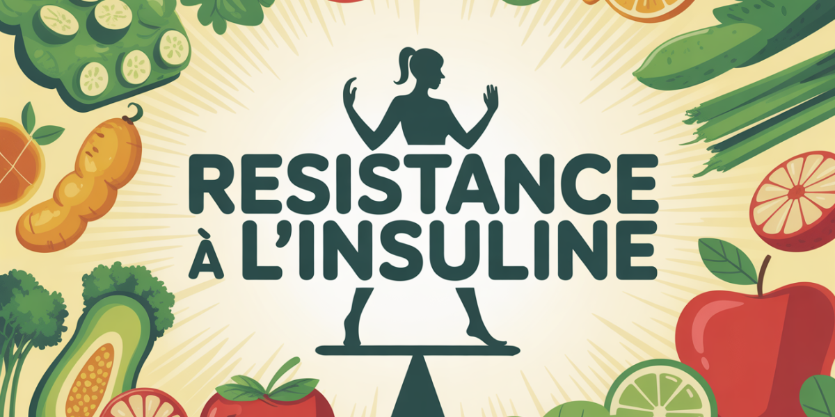 Silhouette sur balance entouree d'aliments IG bas resistance insuline