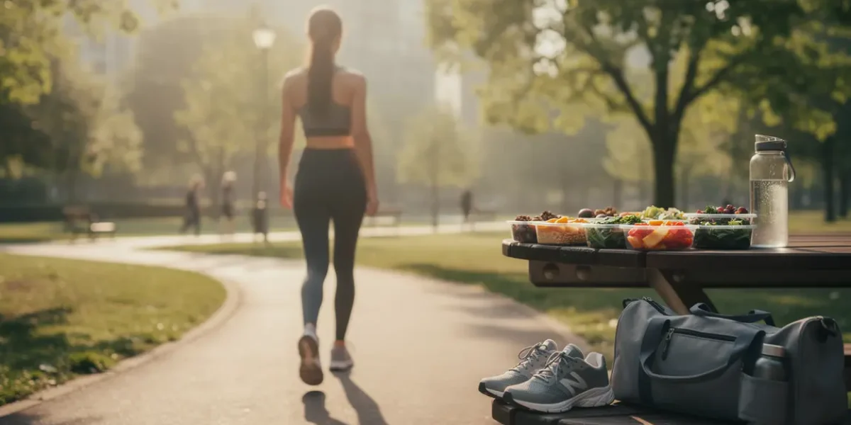 Femme marche parc, meal prep, perte de poids