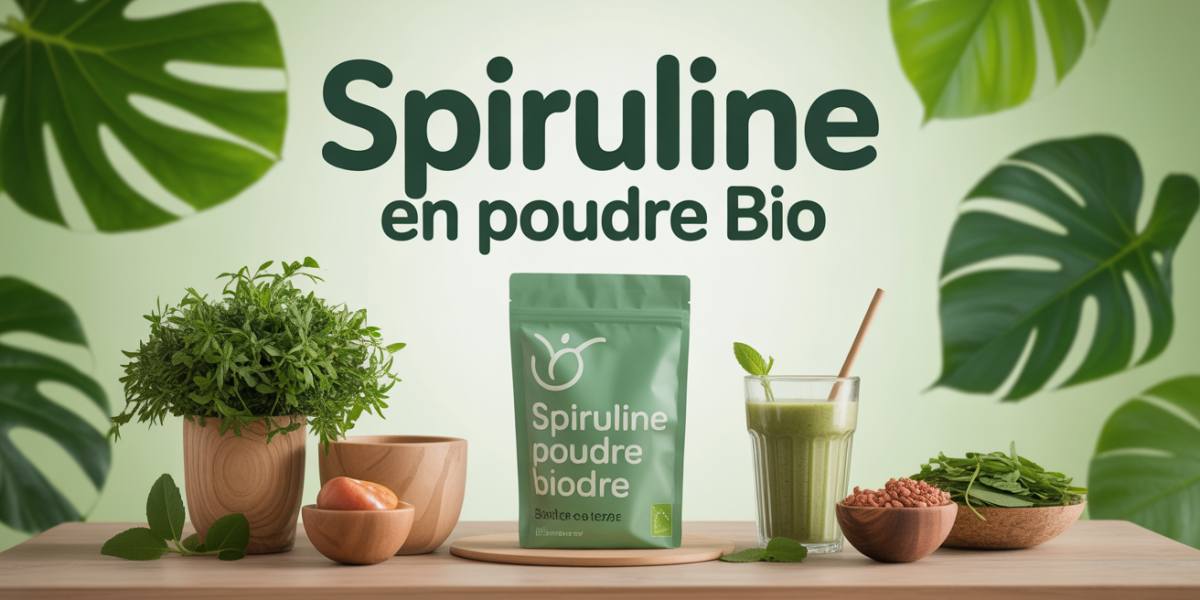 table en bois avec spiruline en poudre bio et smoothie