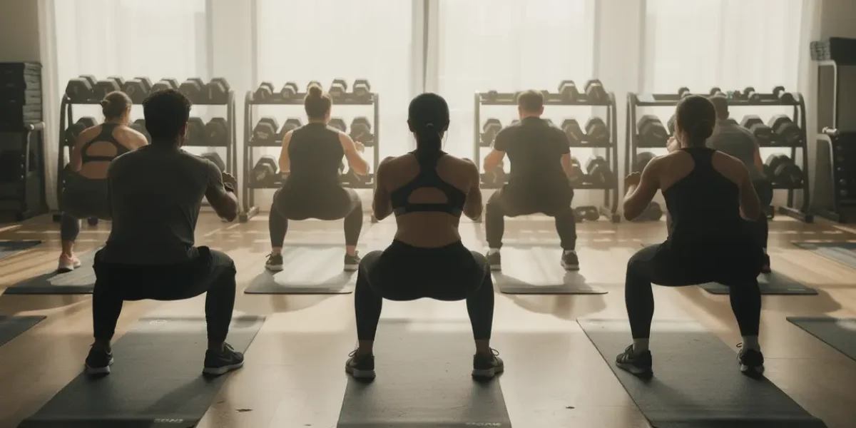squat groupe mixte sur tapis en salle